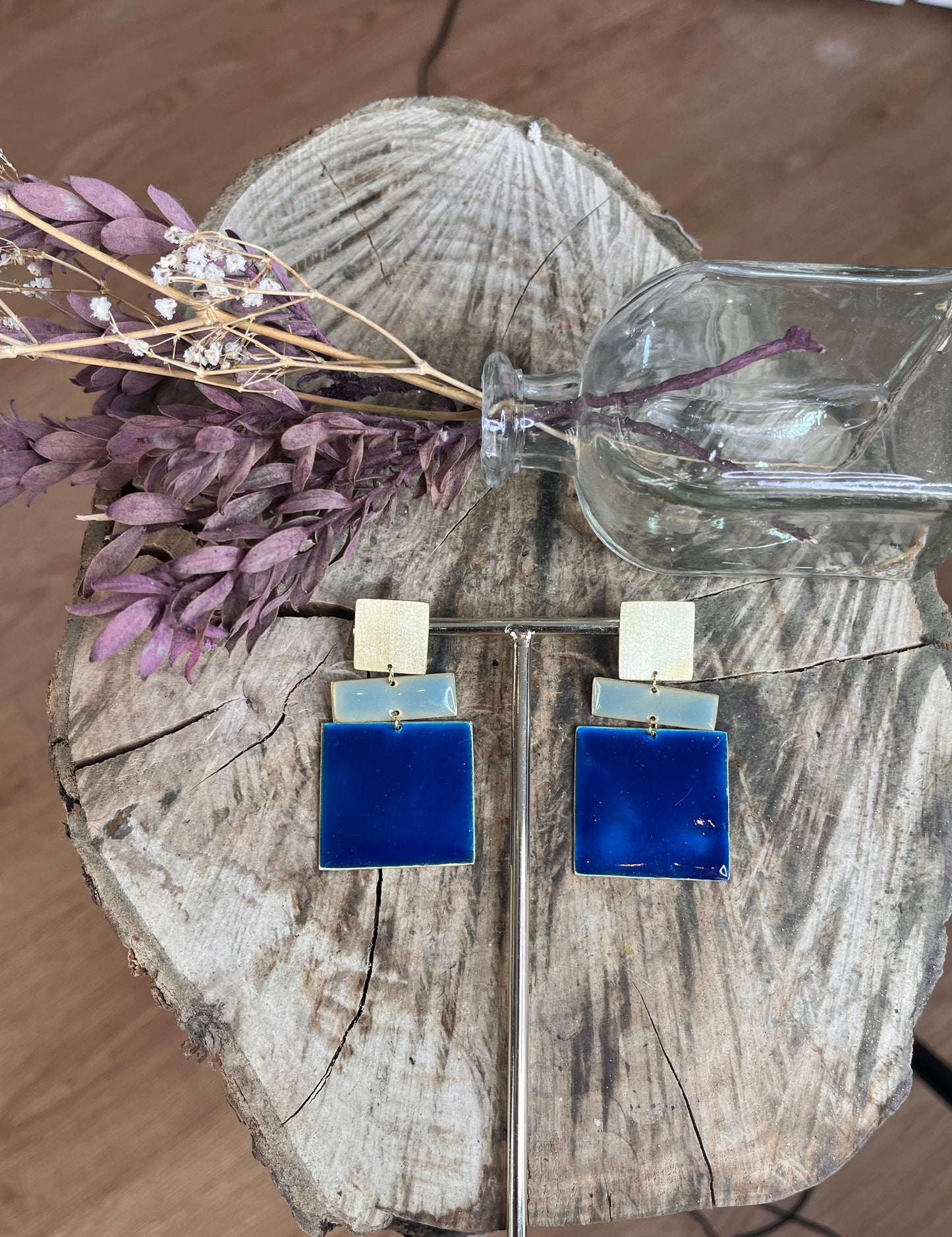 Pendientes Acuadros azules - hechos a mano