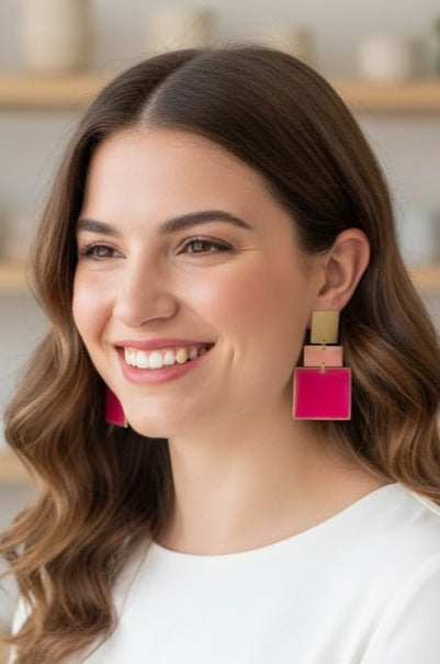 Pendientes Acuadros rosa con fucsia - hechos a mano