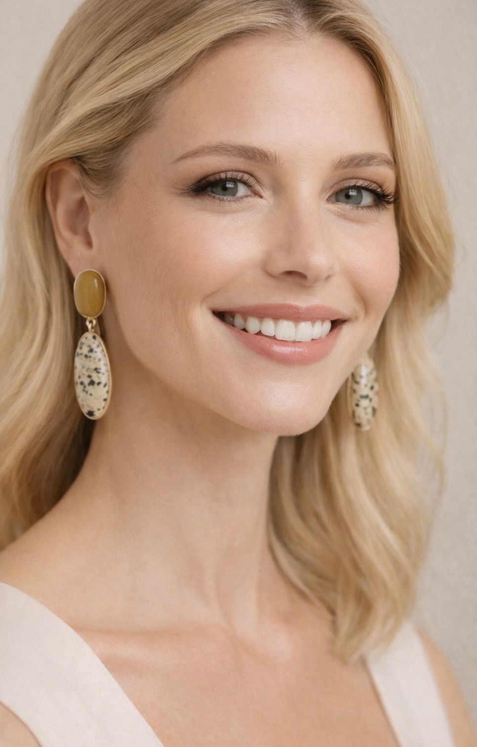 Mujer rubia guapa feliz usando pendientes artesanales hechos a mano en laton y jaspe