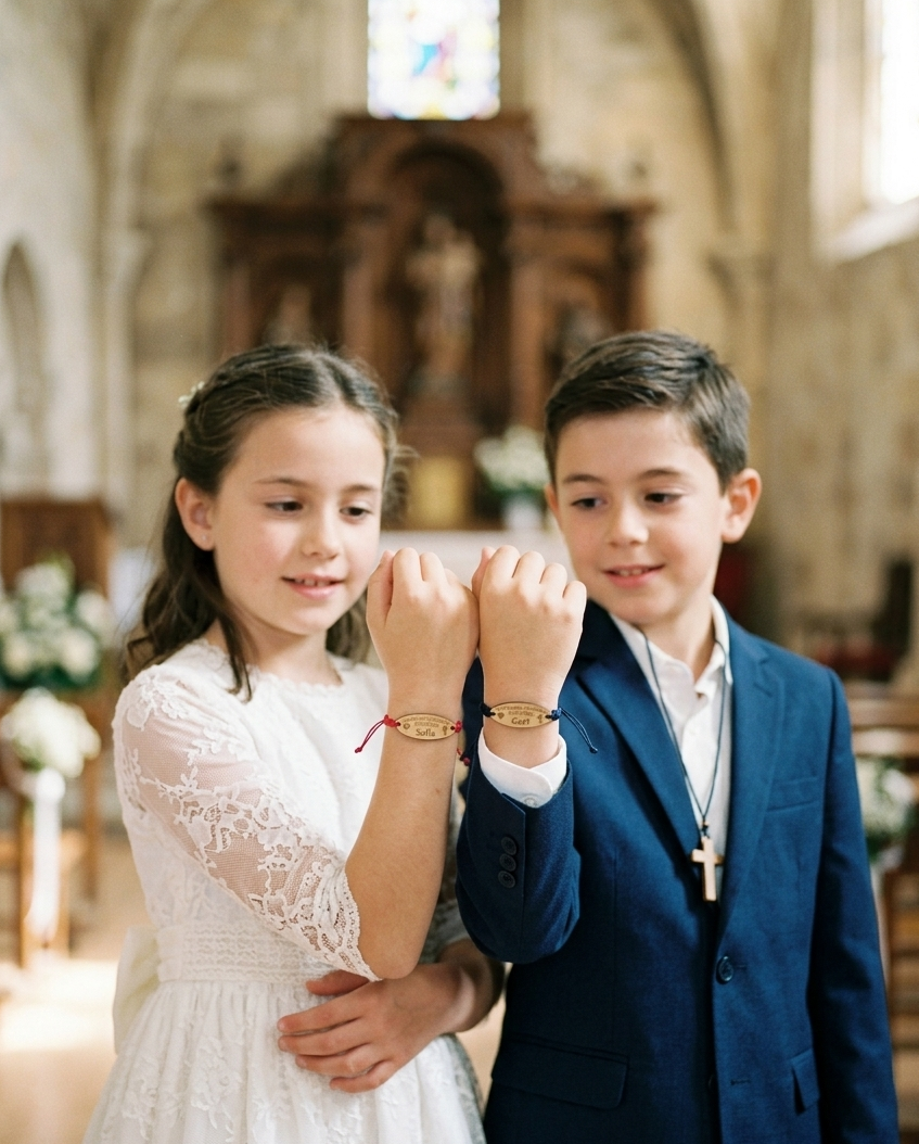 Pulseras personalizadas de Comunión con nombre y fecha | Recuerdo artesanal con bolsita
