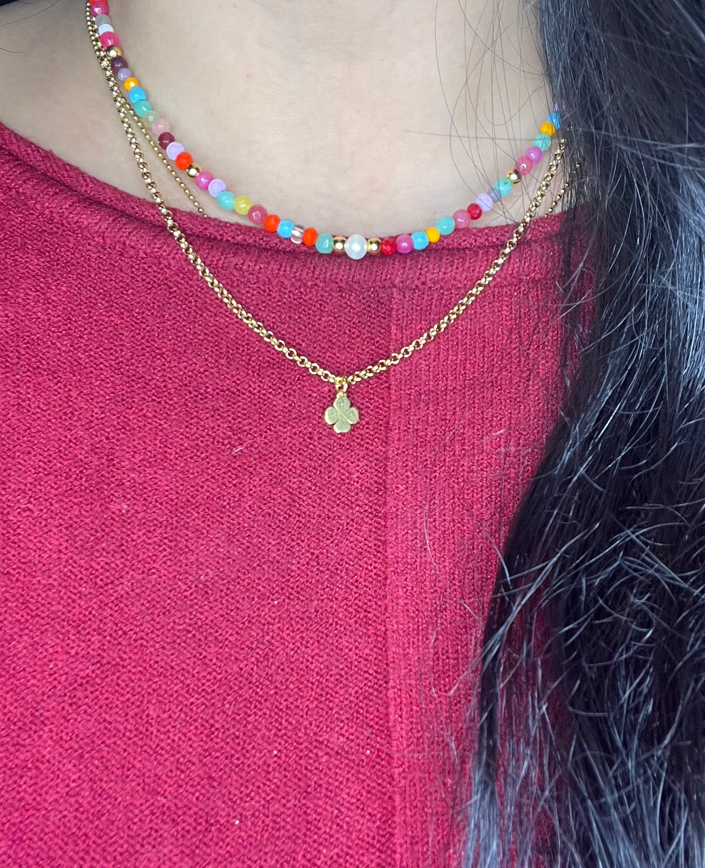 Double necklace with clover and pearl pendant