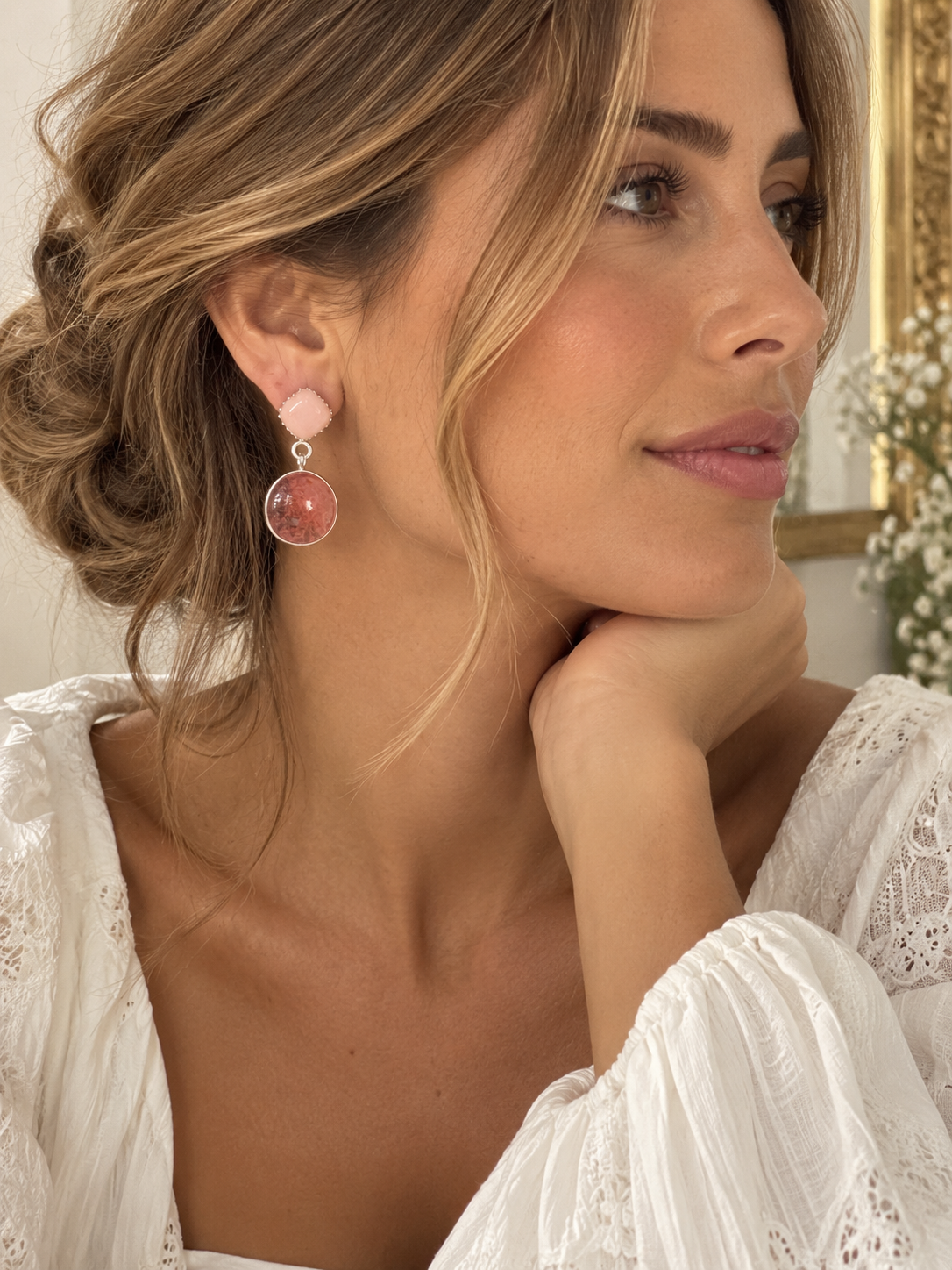 Pendientes Rosa Único – Plata 925, ágata y cuarzo sandía