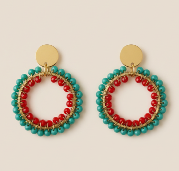Pendientes tejidos hechos a mano turquesa rojo