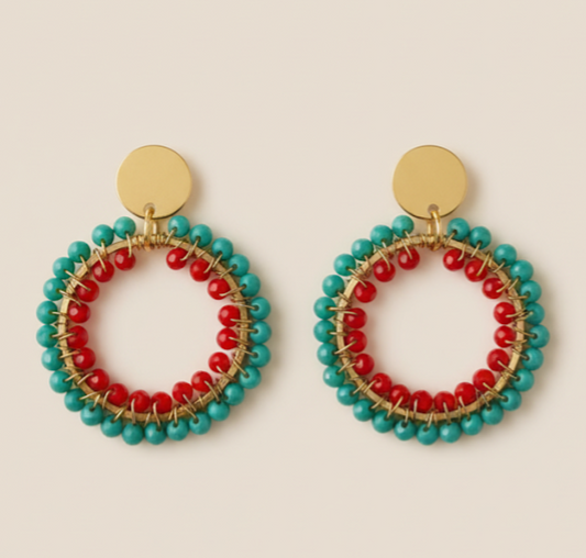 Pendientes tejidos hechos a mano turquesa rojo