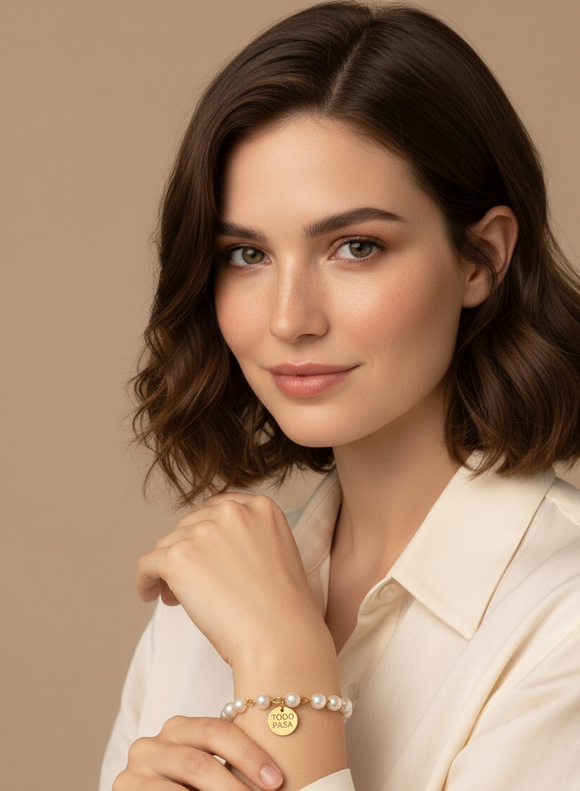 Pulsera Todo Pasa - Pulsera de perlas y acero con medalla grabada