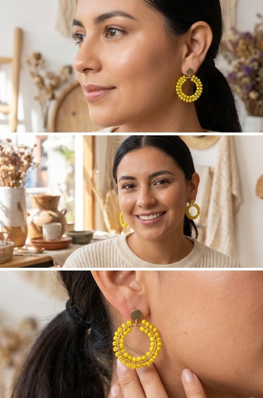 pendientes tejidos a mano en madrid, los usa una modelo morena 