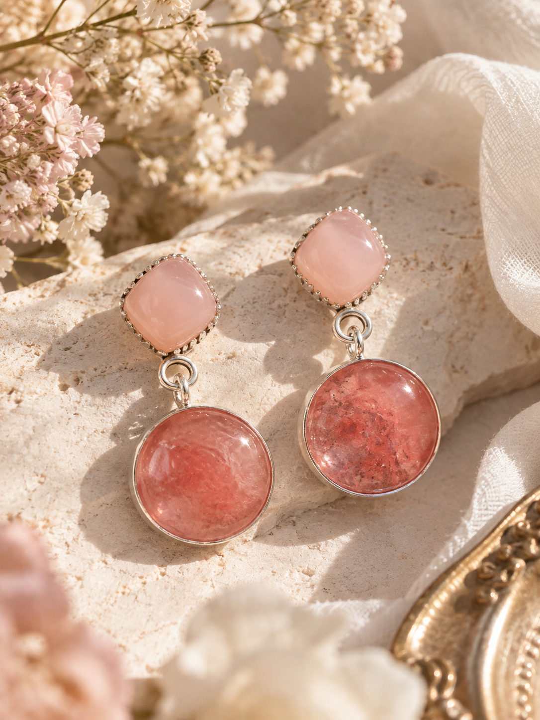 Pendientes Rosa Único – Plata 925, ágata y cuarzo sandía
